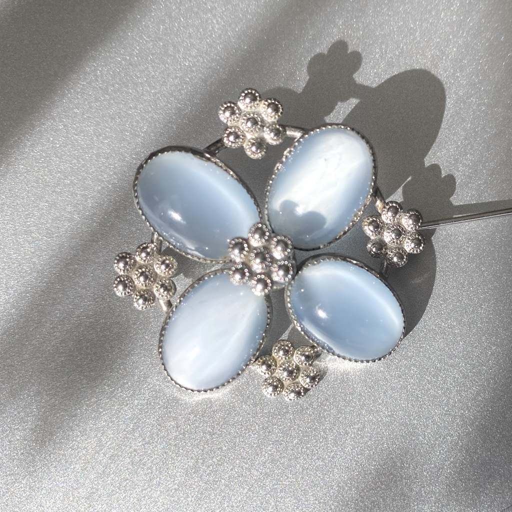 Vintage “Amco” Blue Moonstone Glass Pin W/ Sterling Rosettes Set In Sterling